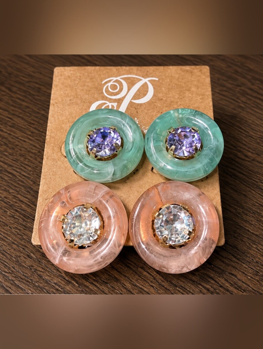 Resin Hoop Earrings with Gem Center - Seafoam Green & Peach - Picture 1 of 5